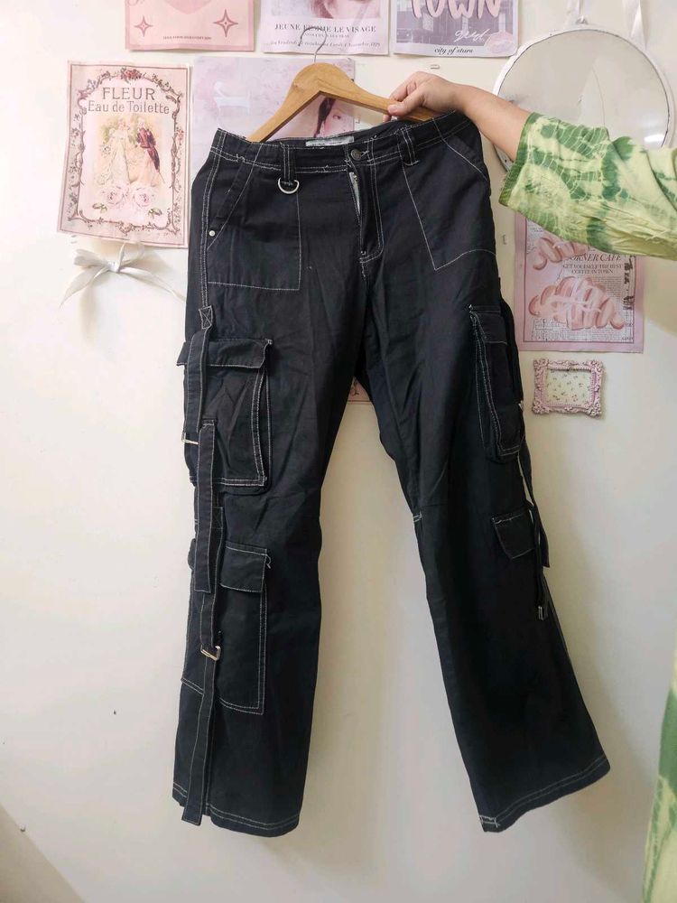 Black Cargo Pants with White Stitching