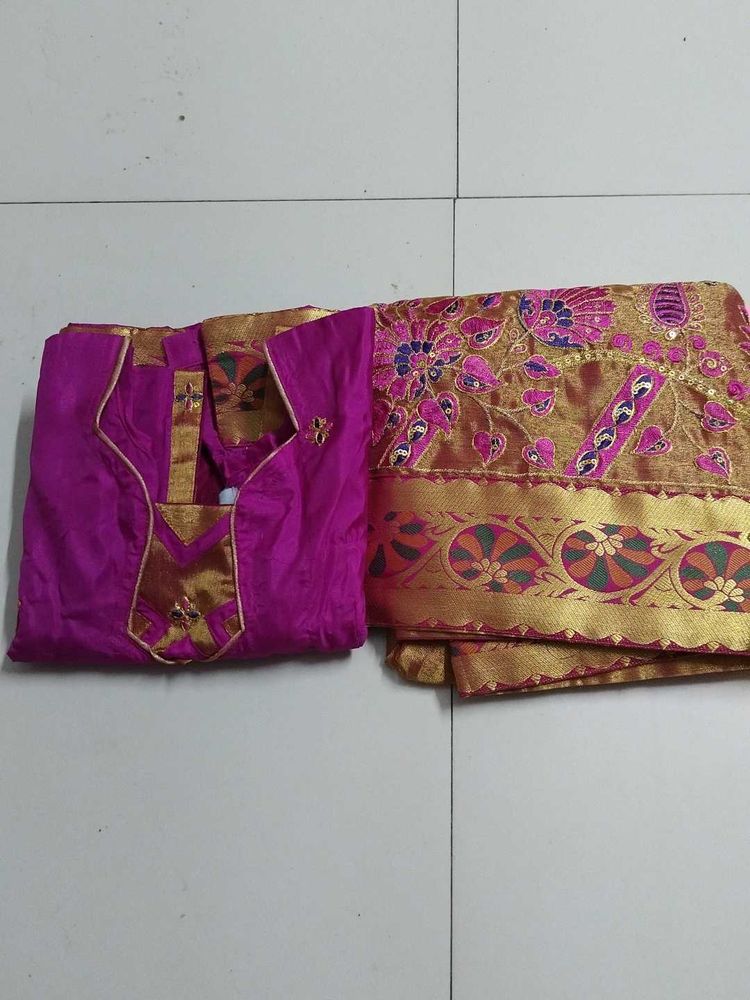 Pink &amp; Gold pattu pavadai set..