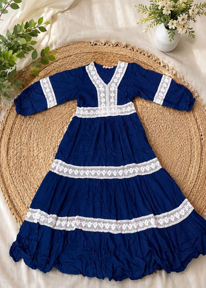 Elegant Blue Lace Trimmed Maxi Dress
