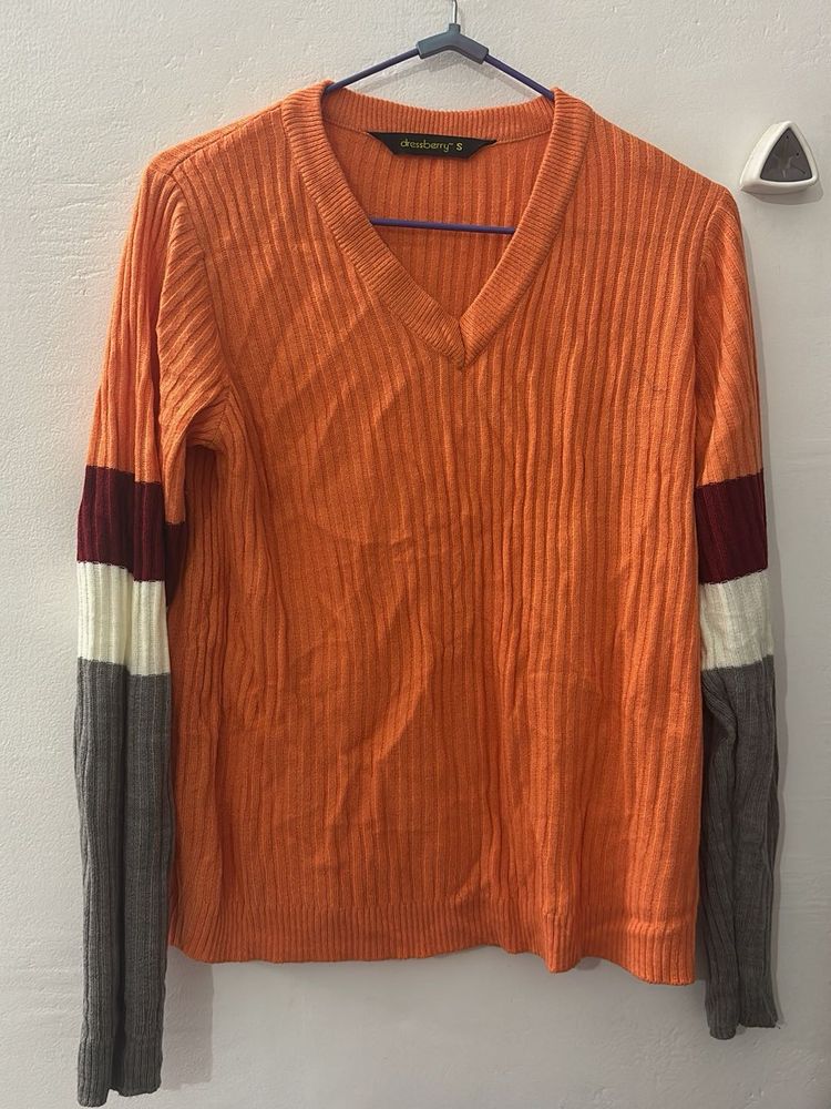 Ribbed V-Neck Sweater with Colorblock Sleeves