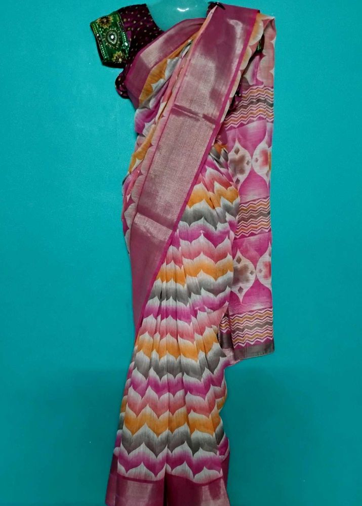 pink lenin cotton saree
