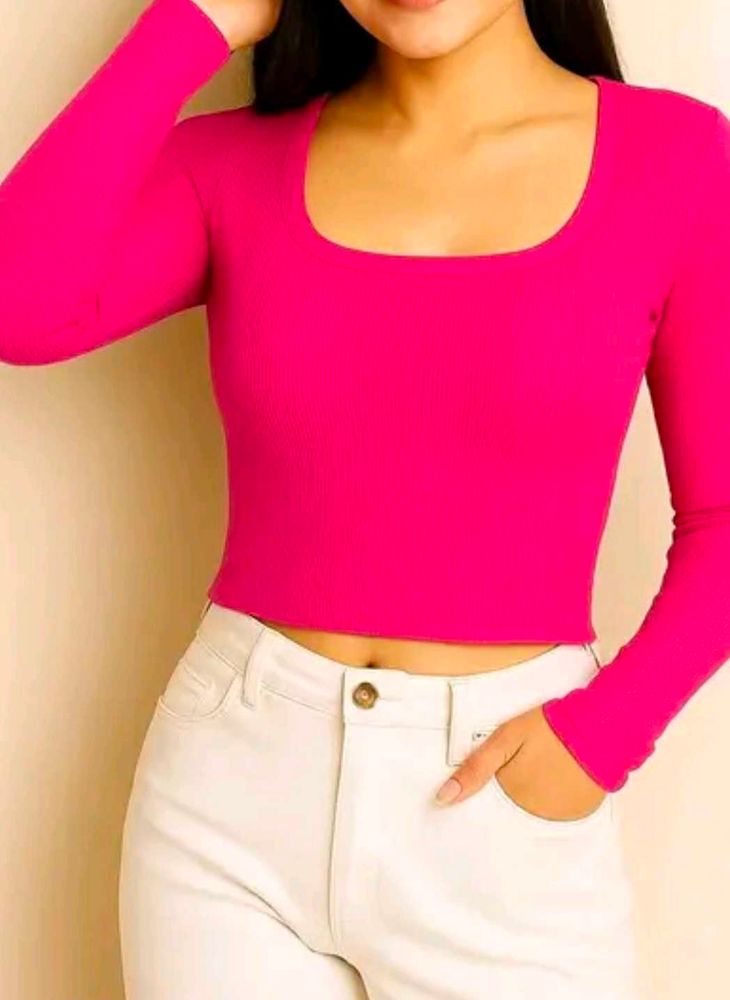 Hot Pink Square Neck Crop Top casual in white colo