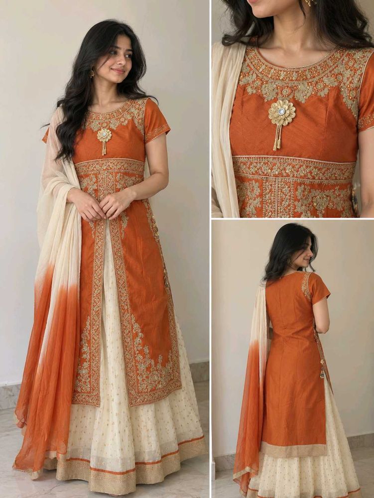 Elegant Orange &amp; Cream Embroidered Lehenga Choli
