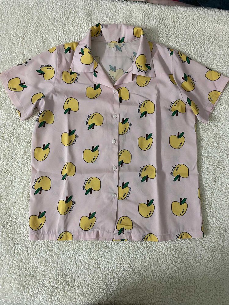 Cute Pink Apple Print Button-Up Shirt