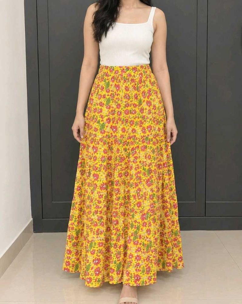 Yellow Floral Tiered Maxi Skirt