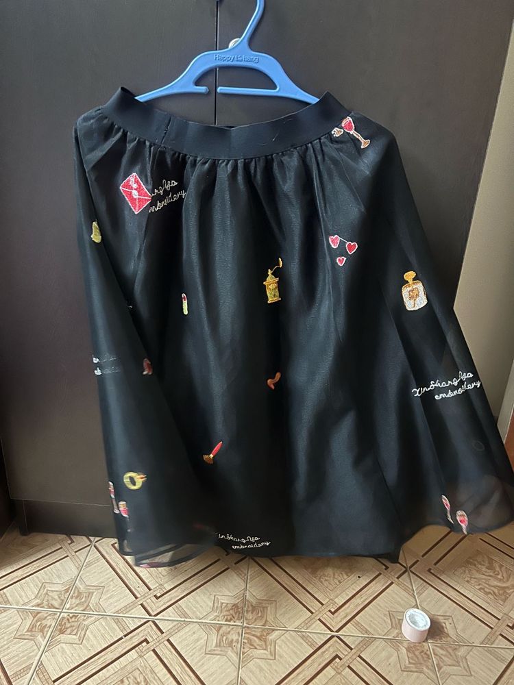 Embroidered Mini Black Skirt
