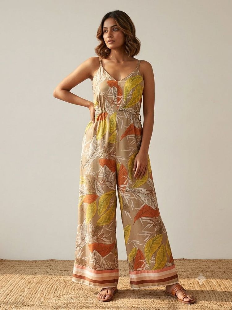 Tropical Print Wide-Leg Jumpsuit