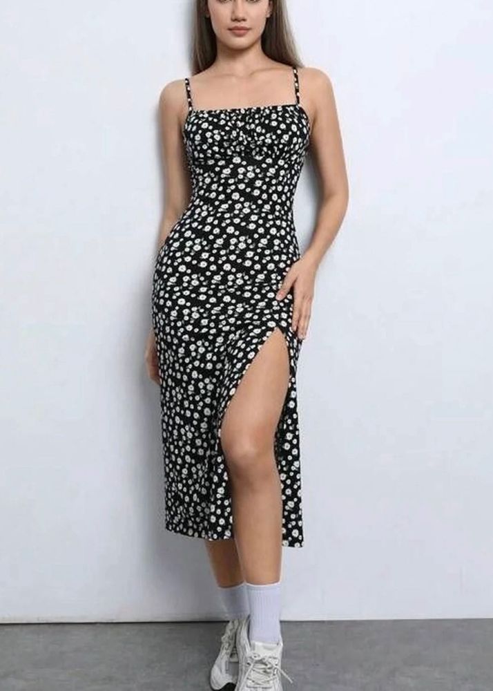 Black Floral Print Dress with High Slit