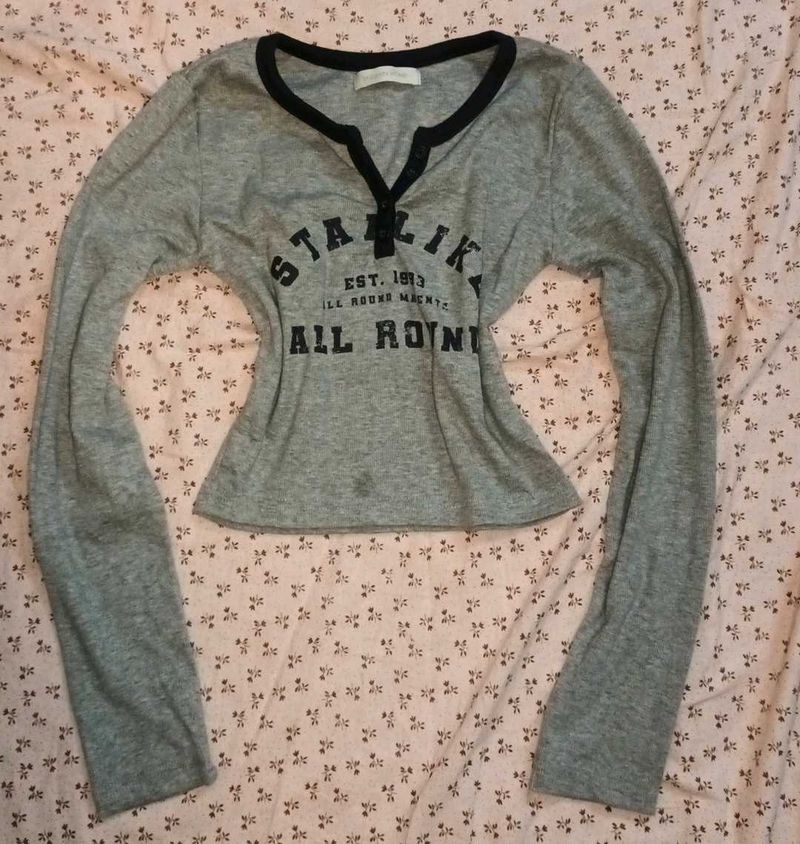 Grey Henley Y2k Long Sleeve Tee
