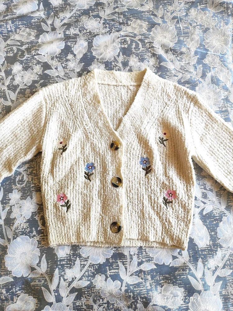 Cream Embroidered Knit Cardigan