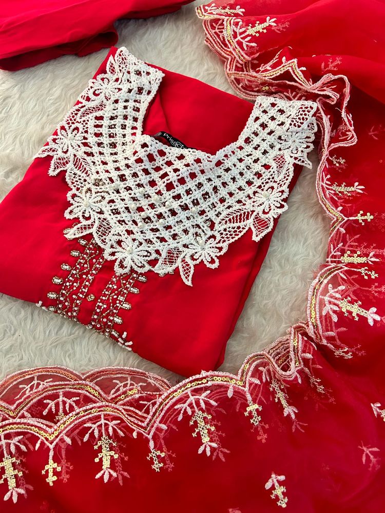 Stunning Red Kurta Set with Intricate Lace