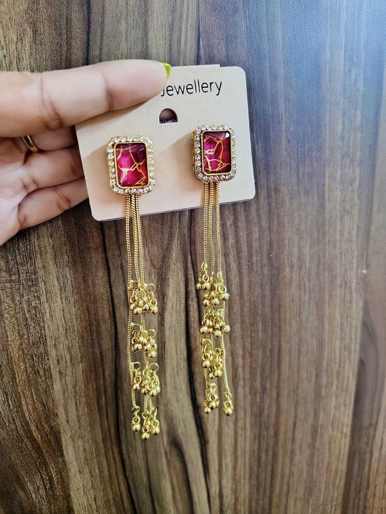 Elegant Dangle Earrings with Red Stone
