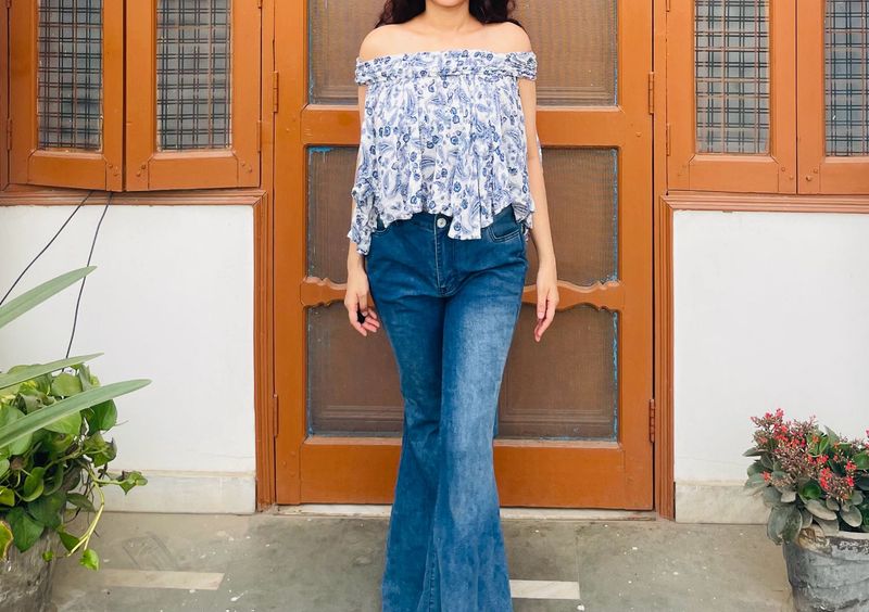 Off-Shoulder Blue &amp; White Floral Top
