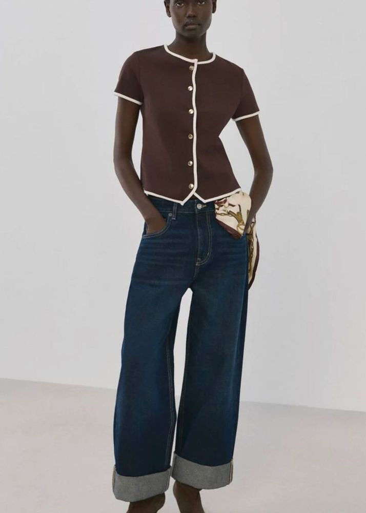 Brown Button-Up Top with White Trim