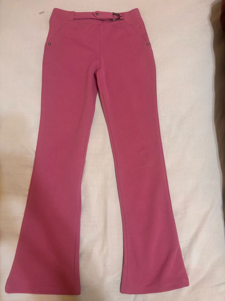Pink Flared Pants with Buckle Detail