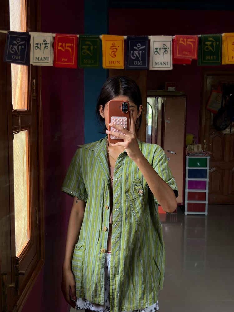 Green Striped Button-Up Top