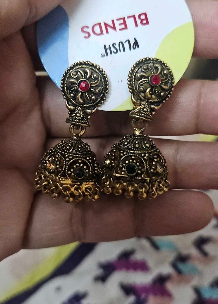 Antique Jhumka Earrings with Red &amp; Green Stones