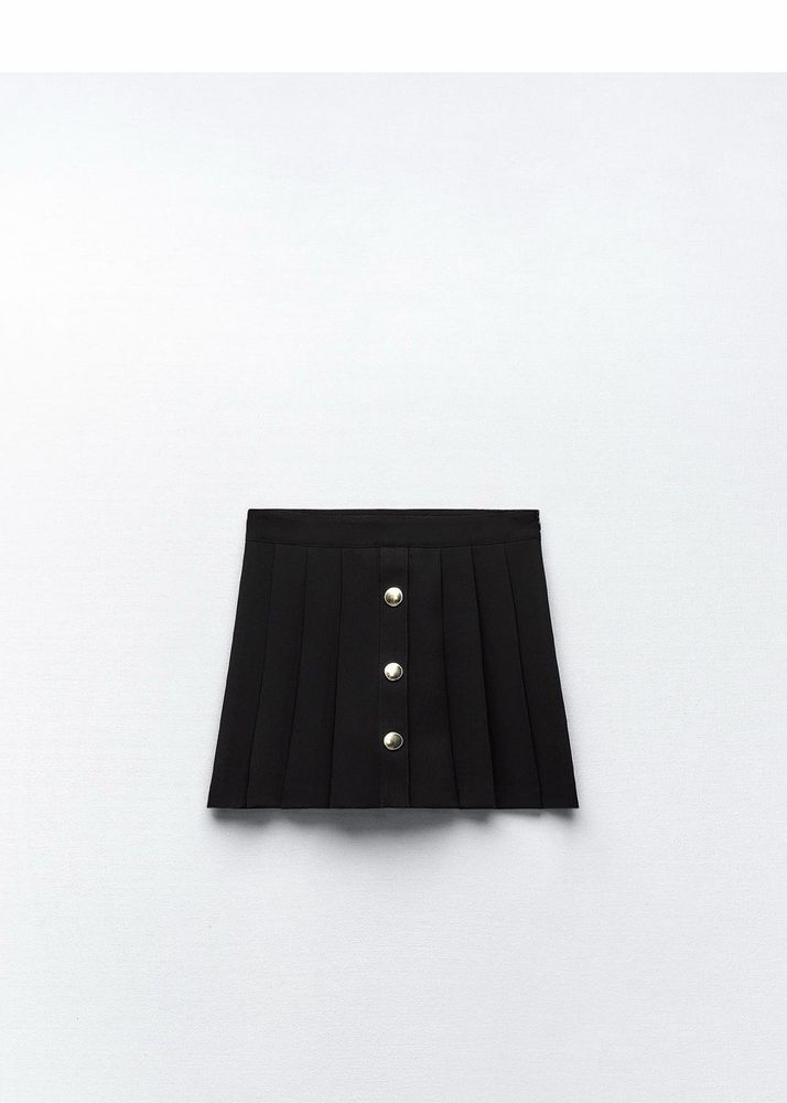 Black Pleated Mini Skirt with Buttons