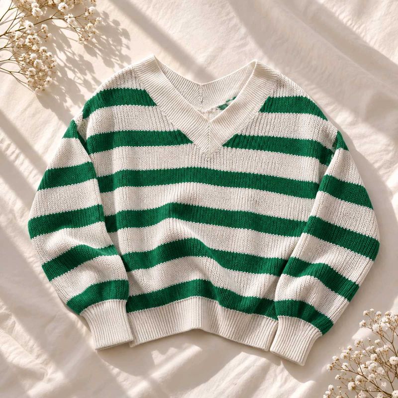 GREEN &amp; CREAM STRIPED V-NECK KNIT SWEATER