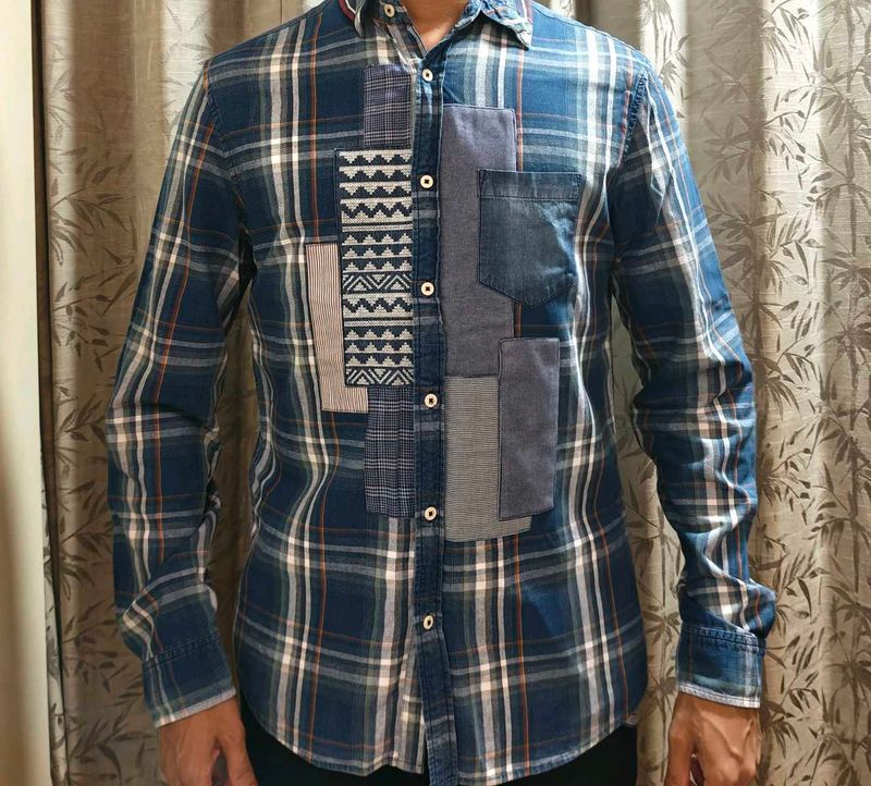 Desigual Blue Patchwork Plaid Shirt