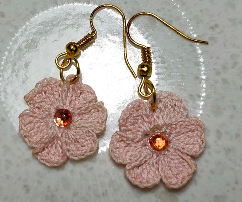 Handmade Pink Crochet Flower Earrings