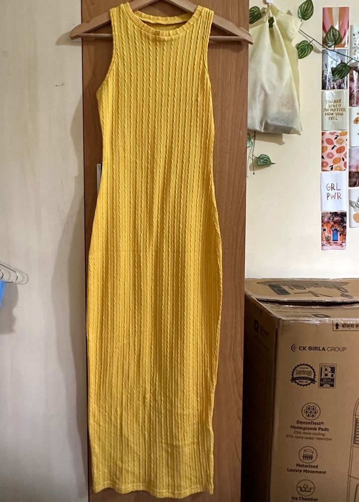 Yellow Ribbed Sleeveless Midi Dress