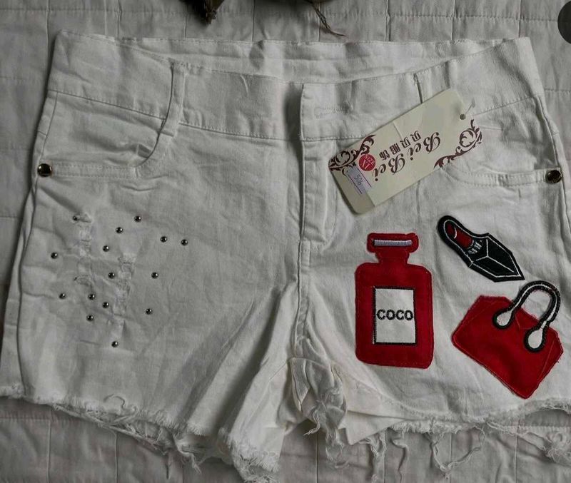 White Denim Shorts with Embellishments