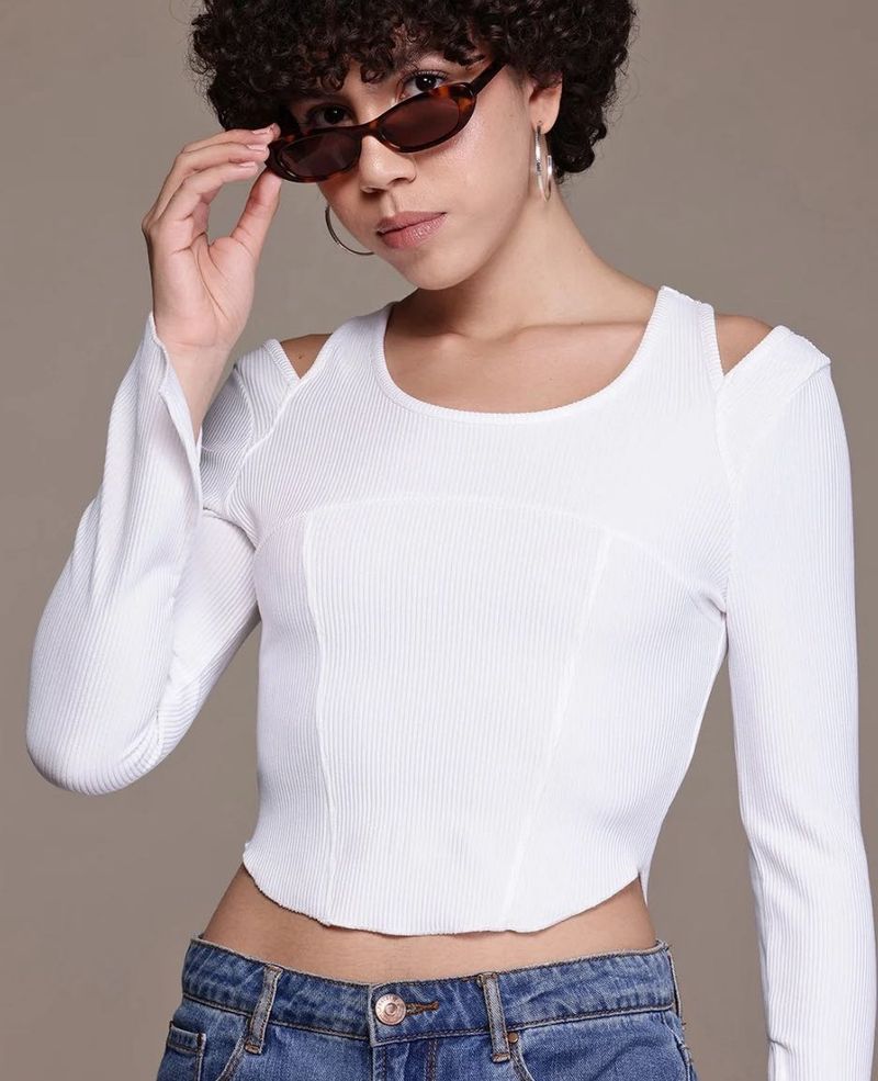 Chic White Ribbed Cut-Out Top