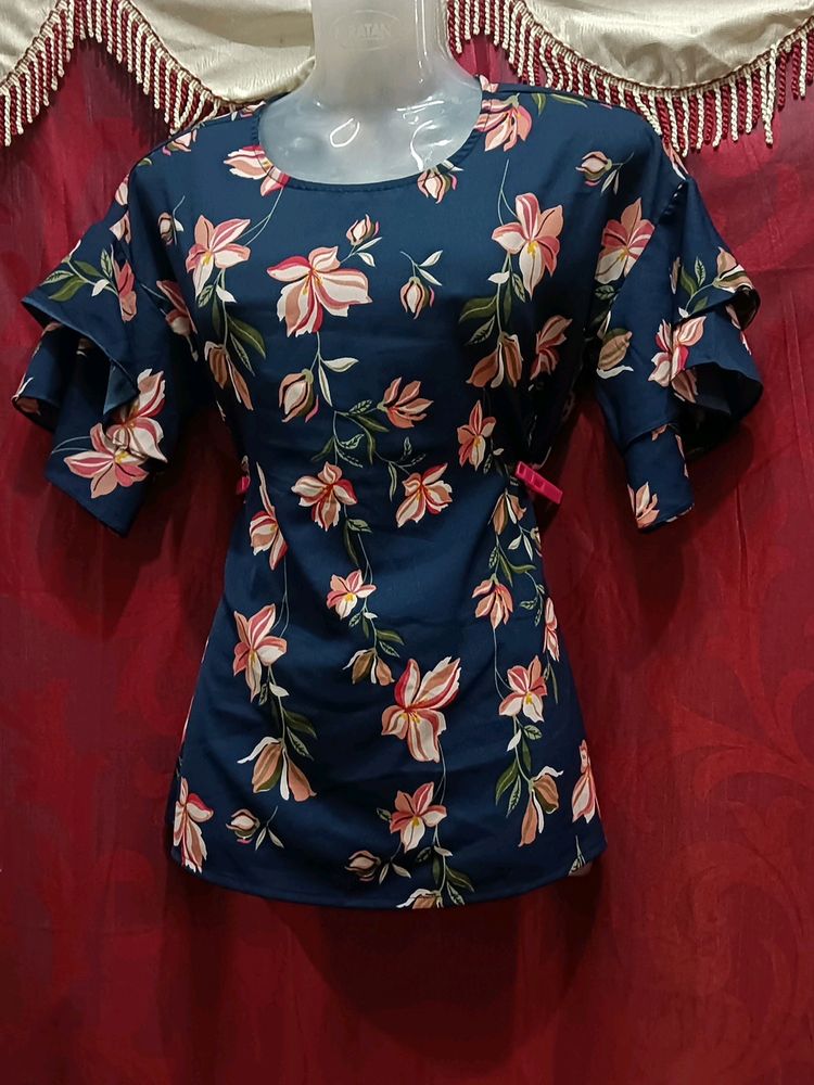 It Is Jean Top With Blue Floral Design.