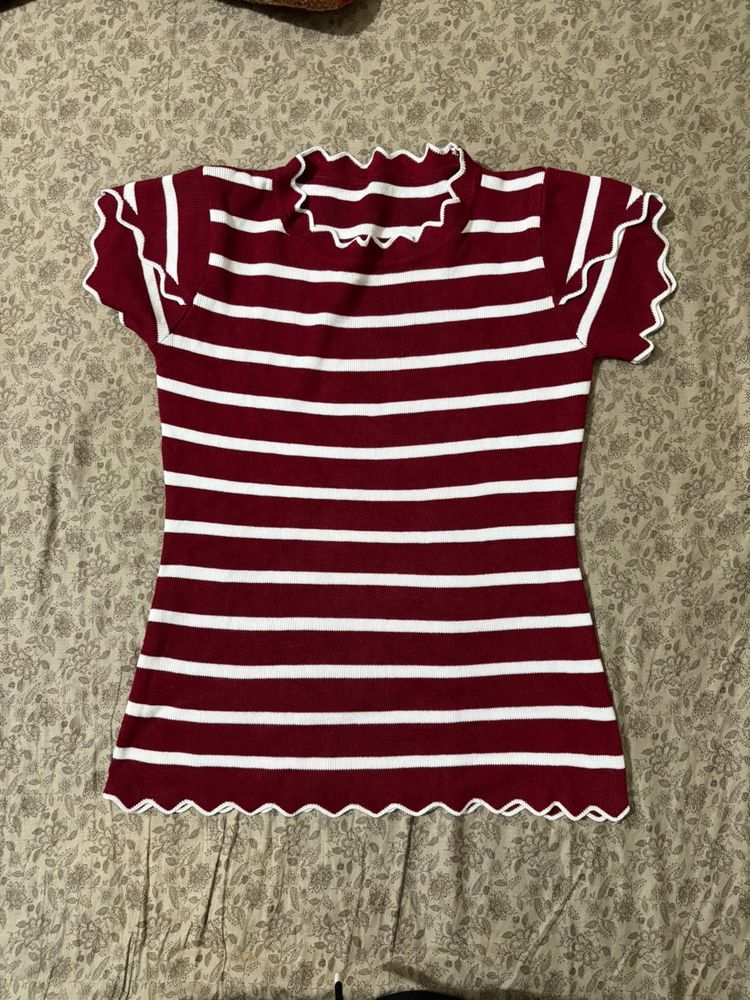 Striped Ruffle Neck Top