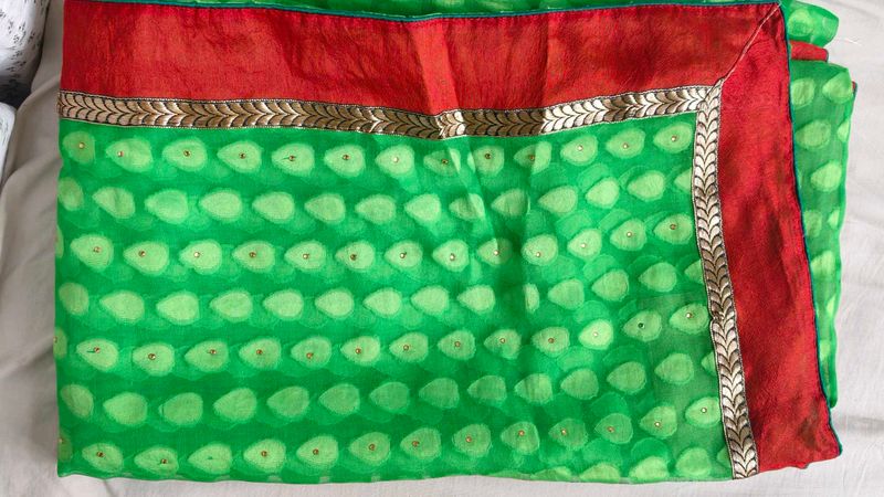 Vibrant Green Saree with Red Border