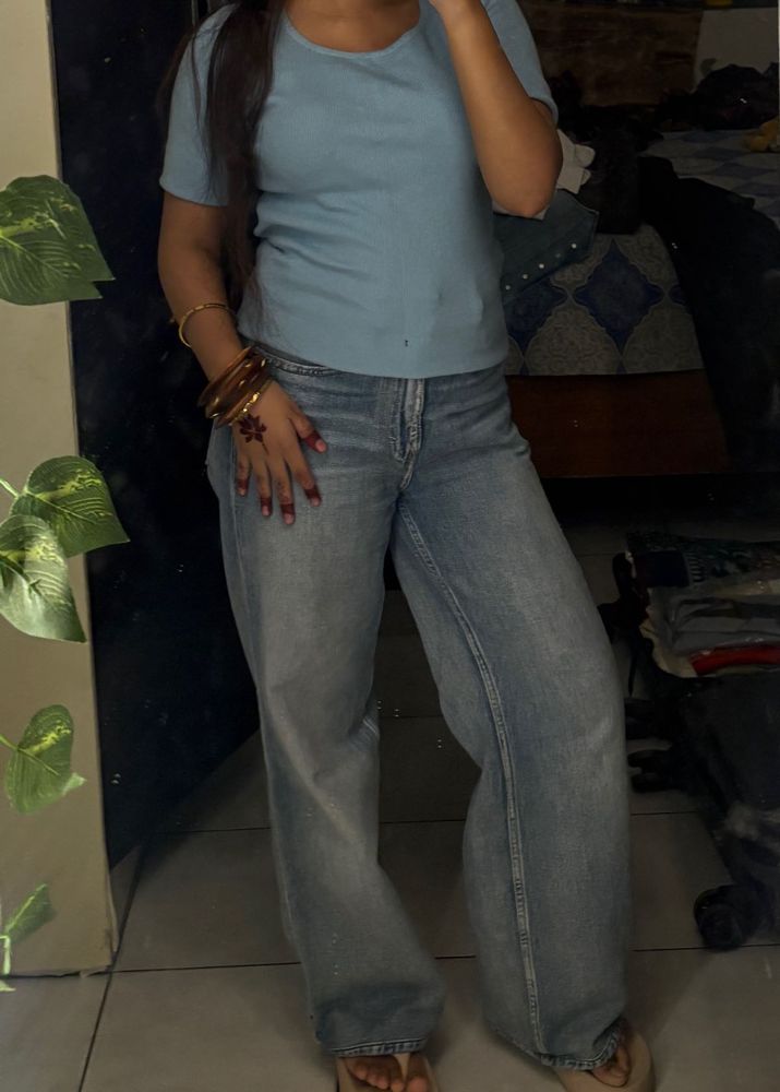 Soft Blue Ribbed Knit Top