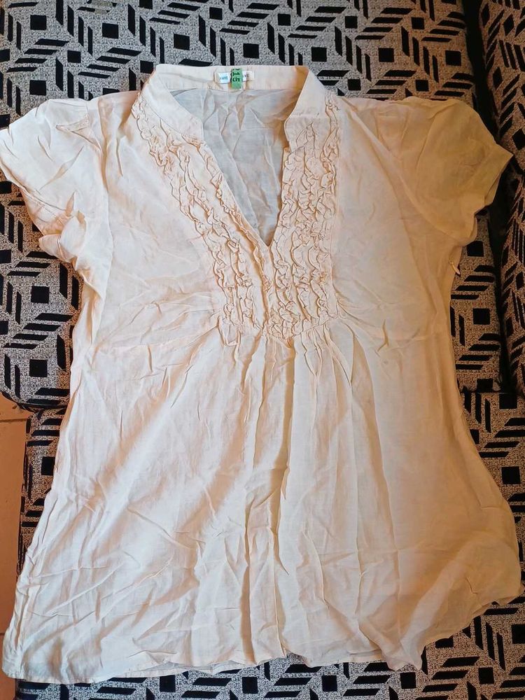 Cream Ruffled V-Neck Top