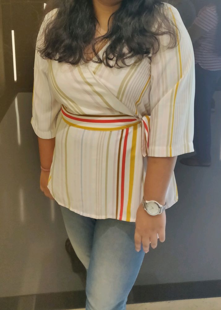 AND V Neck White &amp; Multicolour Wrap Top