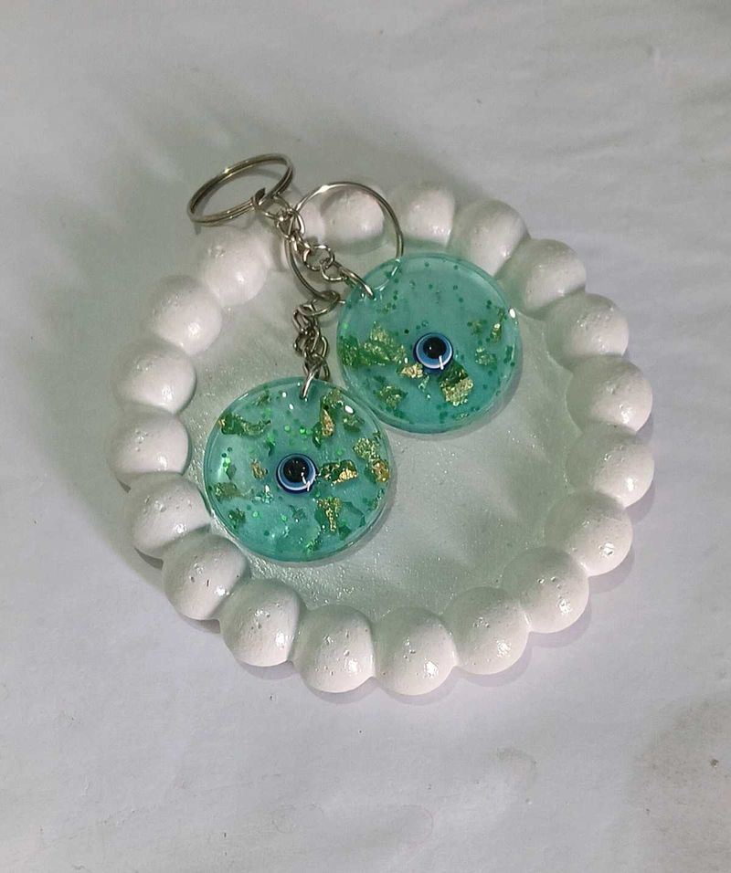 Evil Eye Keychain Blue Green Gold Flakes