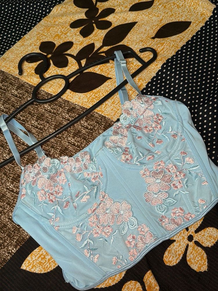 Light Blue Floral Embroidered Corset top
