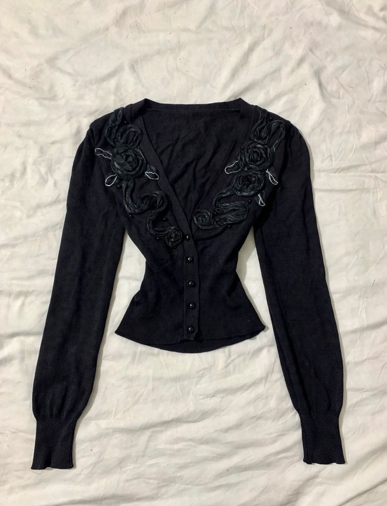 Black Cardigan with Rose Embellishments