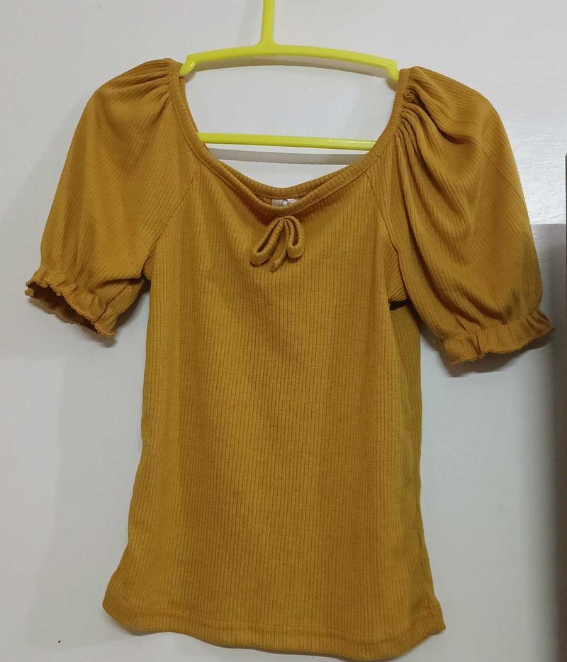 Mustard Yellow Puff Sleeve Tie-Front Top