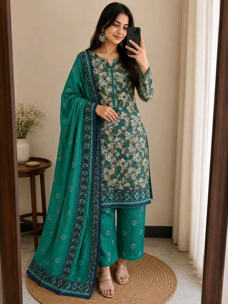 Women's Teal Floral Printed Kurta Set with Dupatta
