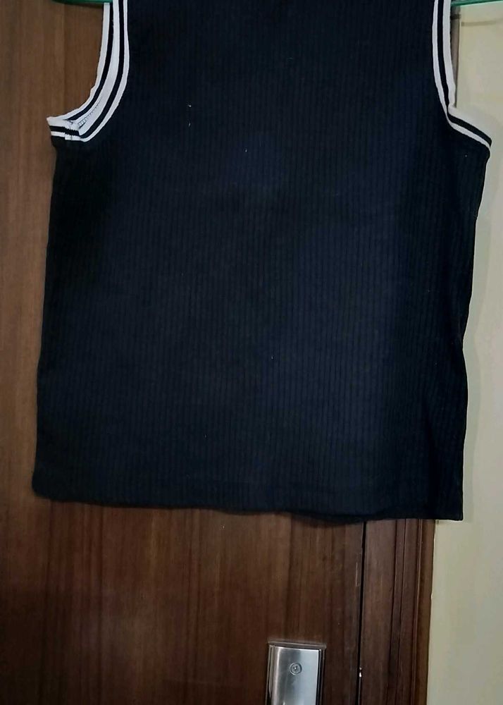 Black Ribbed Tank Top with White Trim