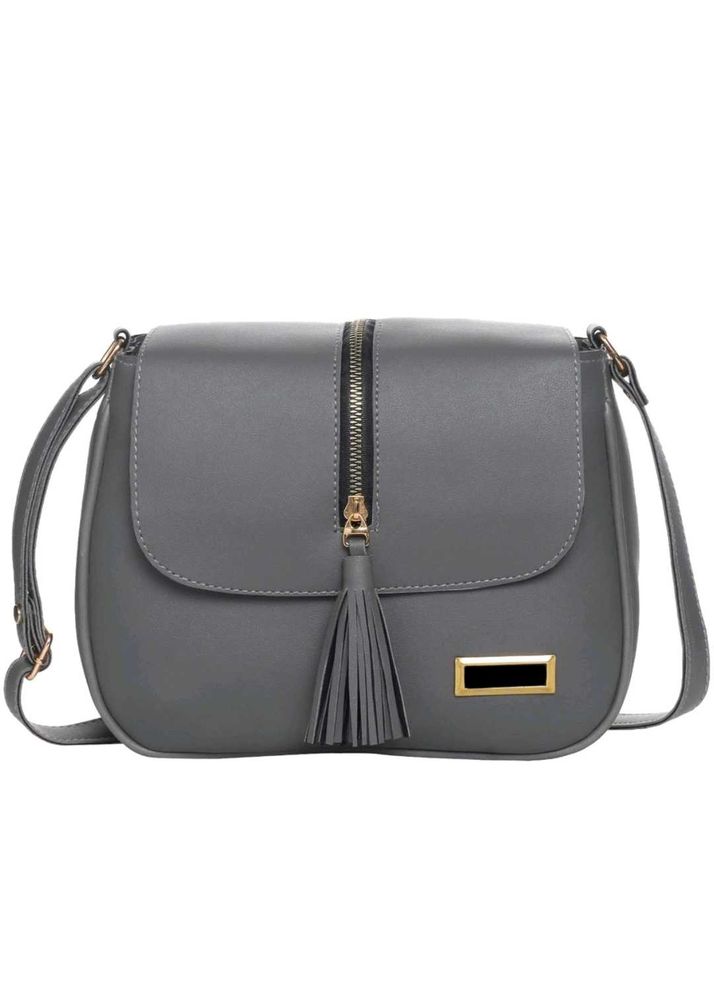 Grey Leather Crossbody Bag with Tassel