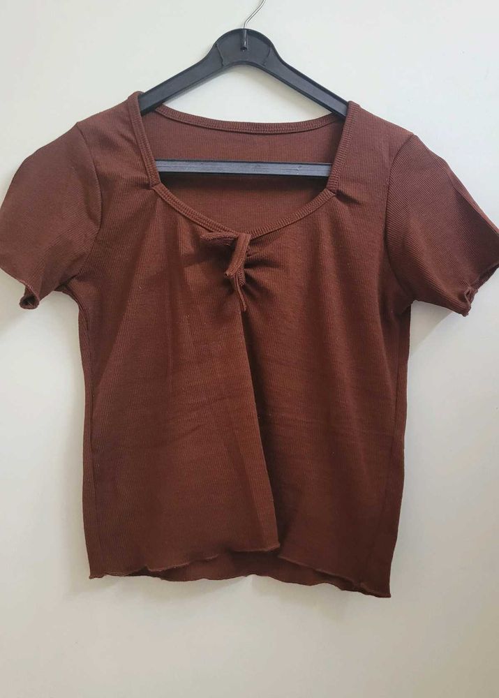 Brown Square Neck Tie-Front Top