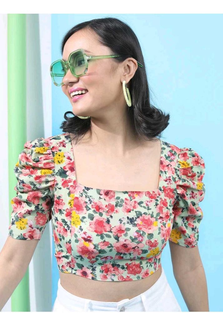 Floral Print Square Neck Puff Sleeve Crop Top
