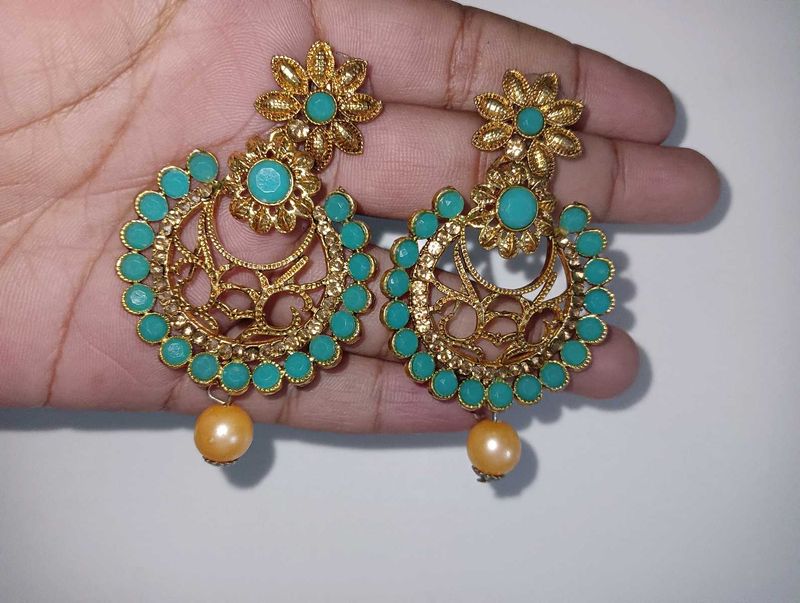 Blue And Golden Toned Floral Drop Earrings