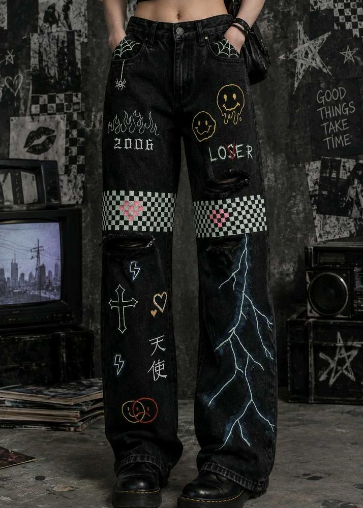y2k customised printed jeans black charcoal grunge
