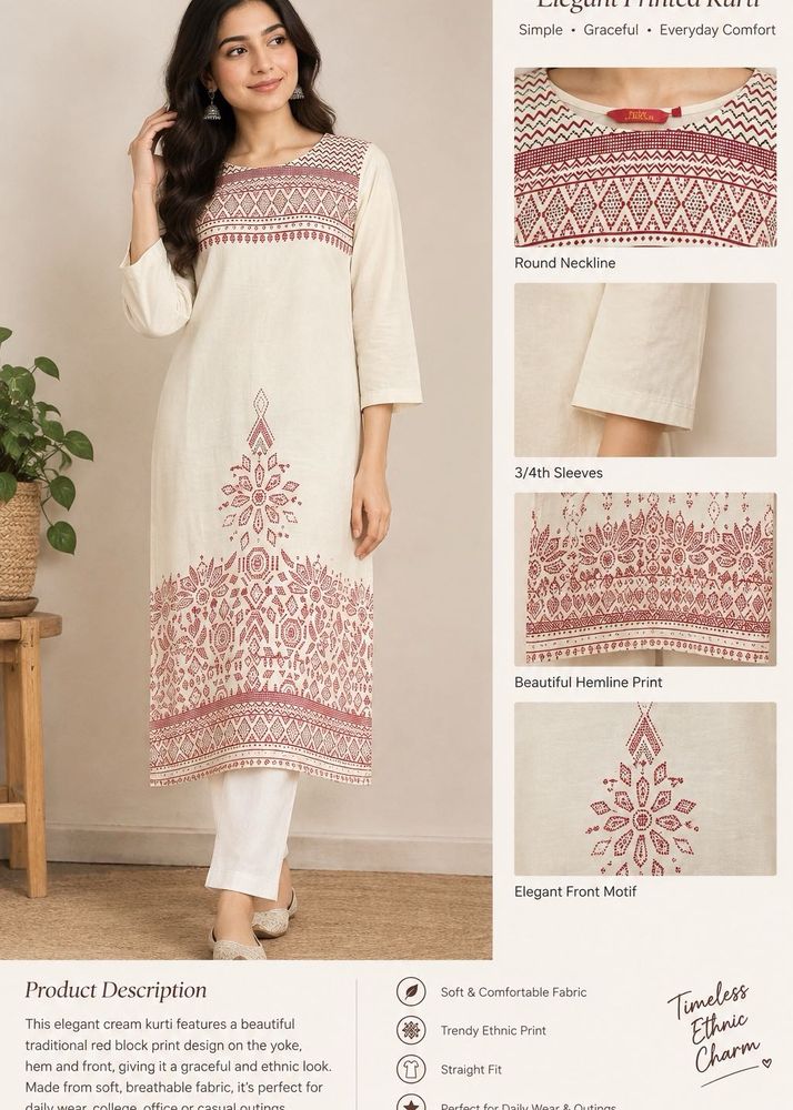 Elegant Printed Cream Kurta