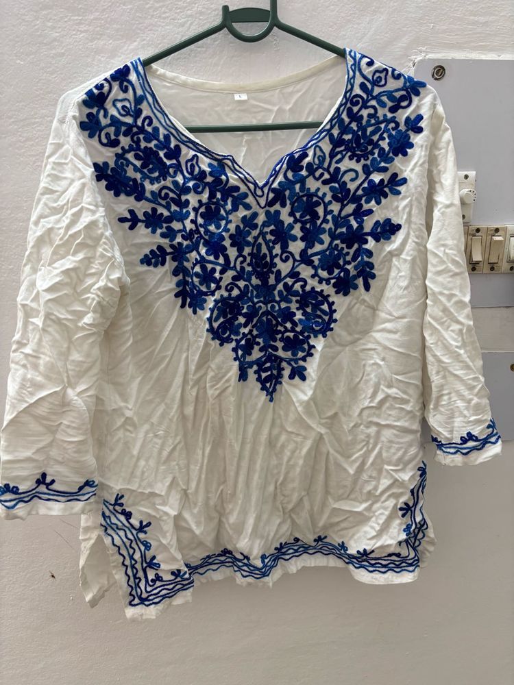 White Kurta with Blue Embroidery