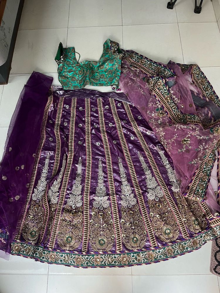 Purple &amp; Green Embroidered Lehenga
