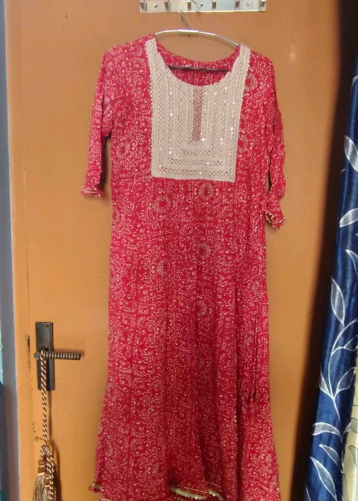 Red Printed Kurta with Embellished Neckline