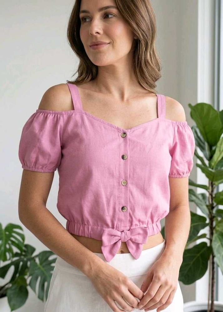 Pink Off-Shoulder Crop Top with Bow